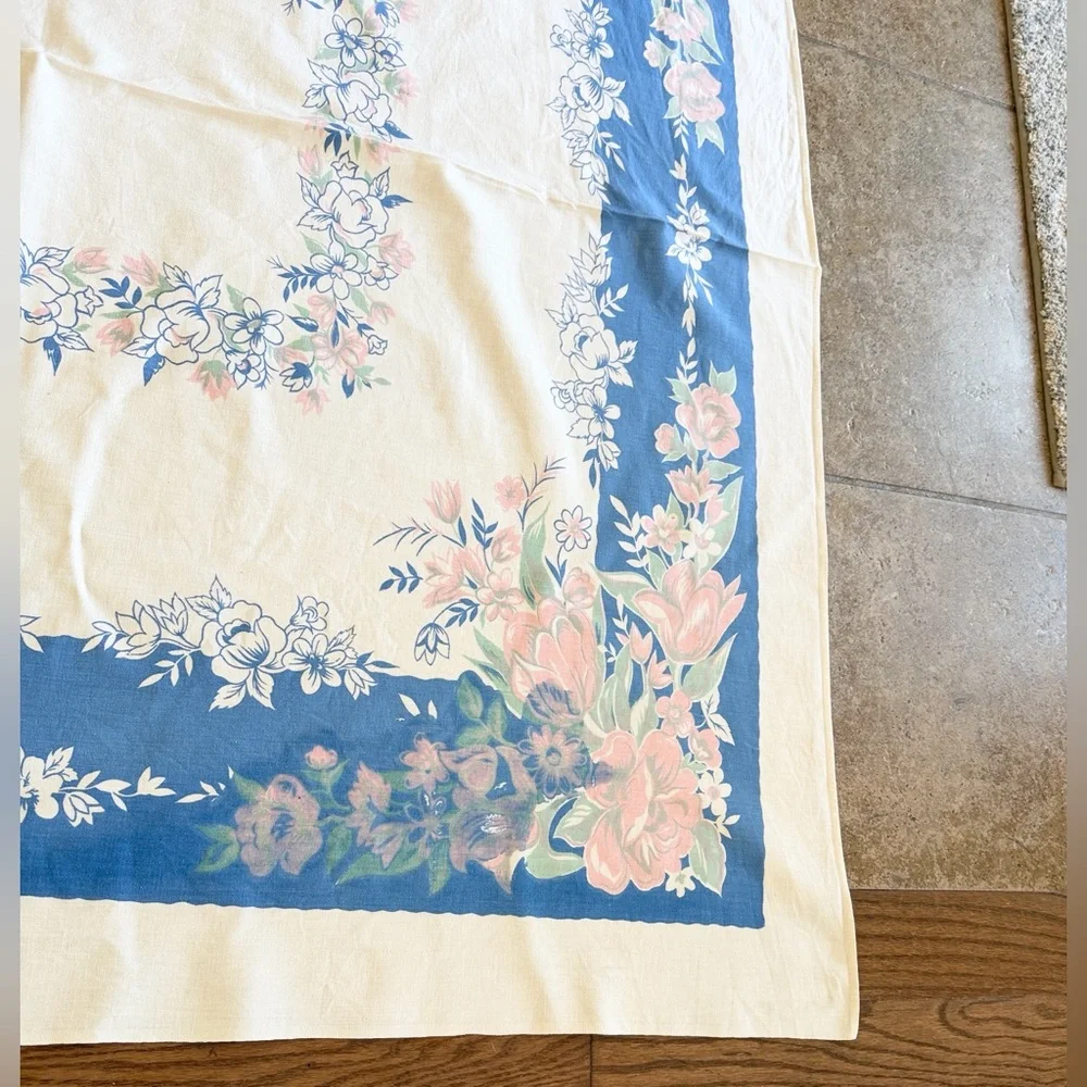 Vintage 1950’s Floral 51x45 Tablecloth. Pink | Blue Cottagecore | Simple Classic